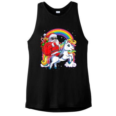 Retro Santa Riding Unicorn Christmas Rainbow Gift Ladies PosiCharge Tri-Blend Wicking Tank