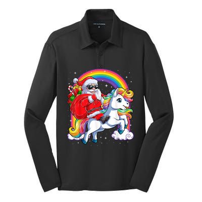 Retro Santa Riding Unicorn Christmas Rainbow Gift Silk Touch Performance Long Sleeve Polo