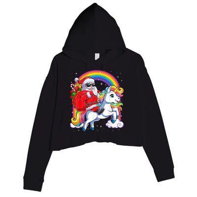 Retro Santa Riding Unicorn Christmas Rainbow Gift Crop Fleece Hoodie