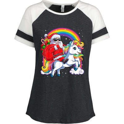 Retro Santa Riding Unicorn Christmas Rainbow Gift Enza Ladies Jersey Colorblock Tee