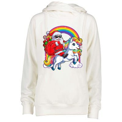 Retro Santa Riding Unicorn Christmas Rainbow Gift Womens Funnel Neck Pullover Hood