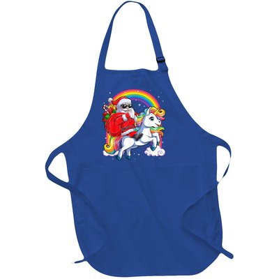 Retro Santa Riding Unicorn Christmas Rainbow Gift Full-Length Apron With Pockets