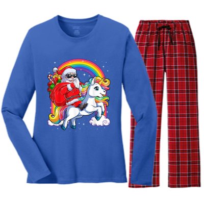 Retro Santa Riding Unicorn Christmas Rainbow Gift Women's Long Sleeve Flannel Pajama Set 