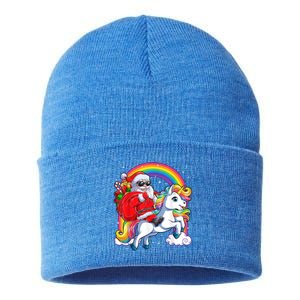 Retro Santa Riding Unicorn Christmas Rainbow Gift Sustainable Knit Beanie