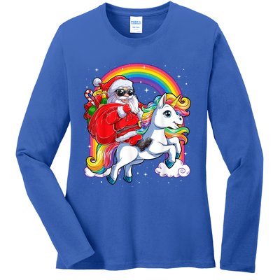 Retro Santa Riding Unicorn Christmas Rainbow Gift Ladies Long Sleeve Shirt