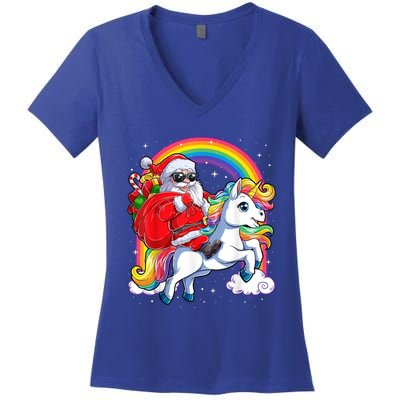 Retro Santa Riding Unicorn Christmas Rainbow Gift Women's V-Neck T-Shirt