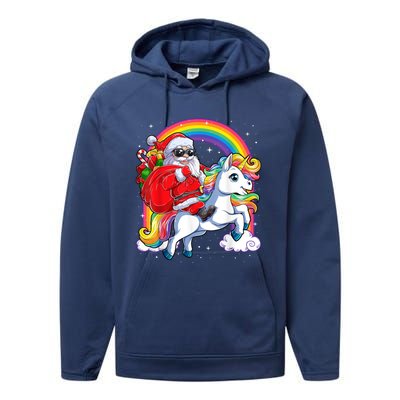 Retro Santa Riding Unicorn Christmas Rainbow Gift Performance Fleece Hoodie