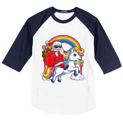 Retro Santa Riding Unicorn Christmas Rainbow Gift Baseball Sleeve Shirt