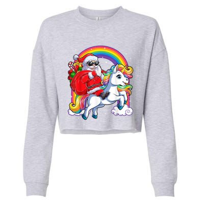 Retro Santa Riding Unicorn Christmas Rainbow Gift Cropped Pullover Crew