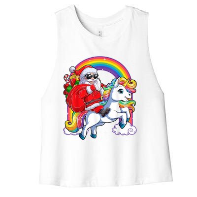 Retro Santa Riding Unicorn Christmas Rainbow Gift Women's Racerback Cropped Tank