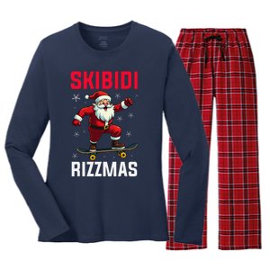 Retro Skibid.I Rizzmas Funny Santa Skating Board Christmas Women's Long Sleeve Flannel Pajama Set 