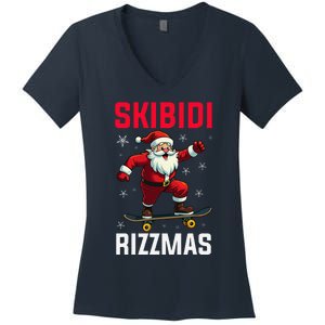 Retro Skibid.I Rizzmas Funny Santa Skating Board Christmas Women's V-Neck T-Shirt