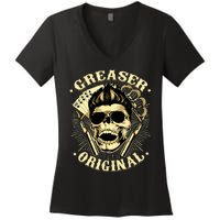 Rockabilly Skull Rocker Greaser Biker Women's V-Neck T-Shirt