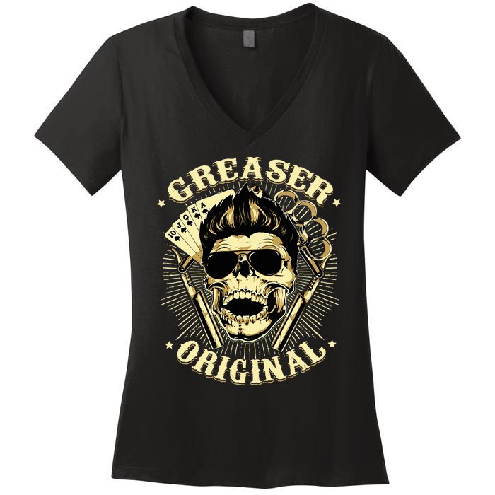 Rockabilly Skull Rocker Greaser Biker Women's V-Neck T-Shirt