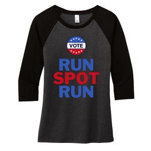 Run Spot Run. Trump And Harris Debate. Economic Plan. Women's Tri-Blend 3/4-Sleeve Raglan Shirt