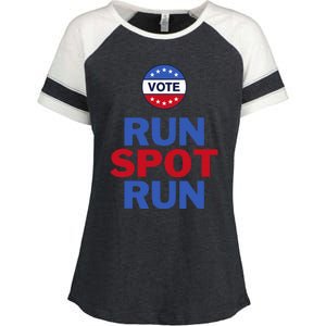 Run Spot Run. Trump And Harris Debate. Economic Plan. Enza Ladies Jersey Colorblock Tee