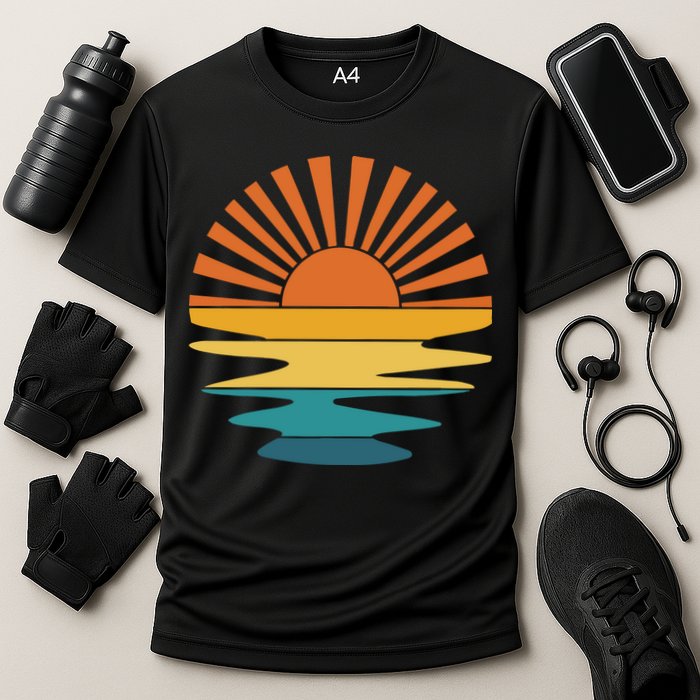 Retro Sunset Rays Wavy Vintage Retro Sunshine Sun Rays Beachy Vibes Retro Summer Performance Shirt