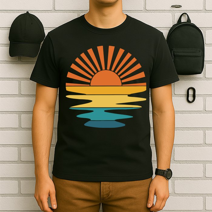 Retro Sunset Rays Wavy Vintage Retro Sunshine Sun Rays Beachy Vibes Retro Summer T-Shirt