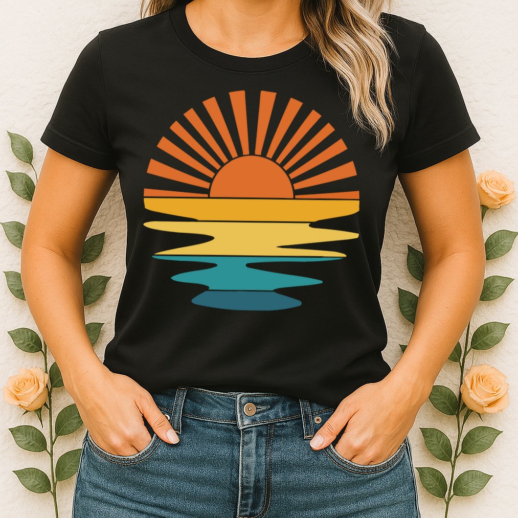 Retro Sunset Rays Wavy Vintage Retro Sunshine Sun Rays Beachy Vibes Retro Summer Womens T-Shirt