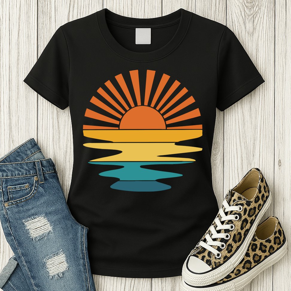 Retro Sunset Rays Wavy Vintage Retro Sunshine Sun Rays Beachy Vibes Retro Summer Womens T-Shirt