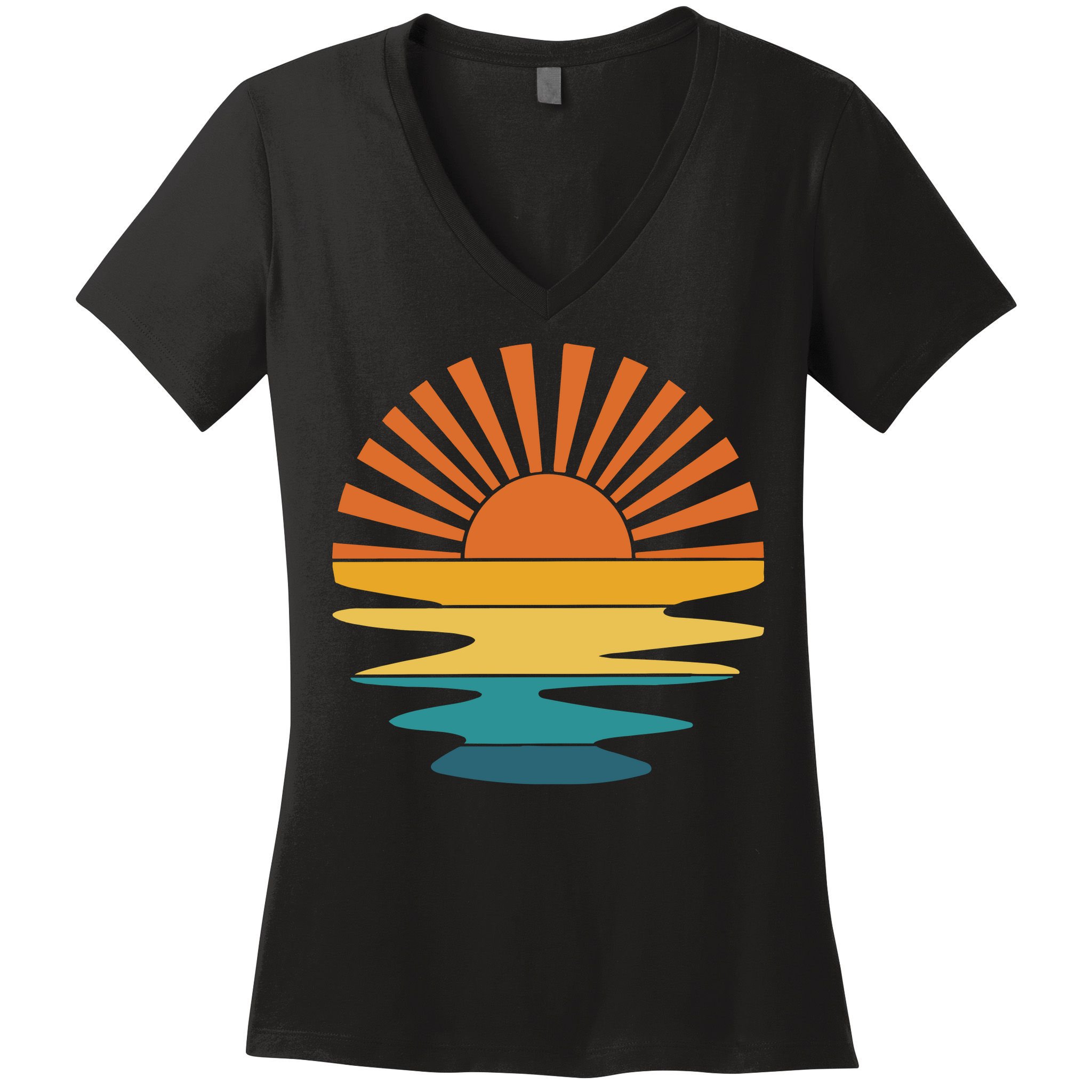 Retro Sunset Rays Wavy Vintage Retro Sunshine Sun Rays Beachy Vibes Retro Summer Women's V-Neck T-Shirt