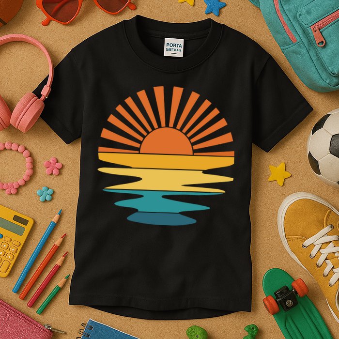 Retro Sunset Rays Wavy Vintage Retro Sunshine Sun Rays Beachy Vibes Retro Summer Kids T-Shirt