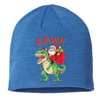 Rawr Santa Riding A Green Dinosoar Delivering Presents Meaningful Gift Sustainable Beanie