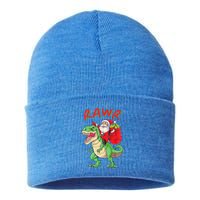 Rawr Santa Riding A Green Dinosoar Delivering Presents Meaningful Gift Sustainable Knit Beanie