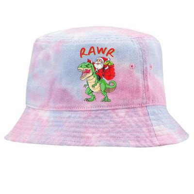 Rawr Santa Riding A Green Dinosoar Delivering Presents Meaningful Gift Tie-Dyed Bucket Hat