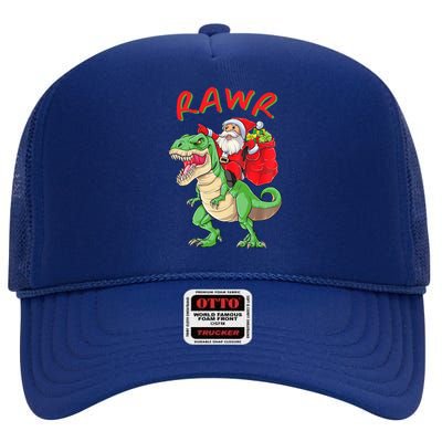 Rawr Santa Riding A Green Dinosoar Delivering Presents Meaningful Gift High Crown Mesh Back Trucker Hat