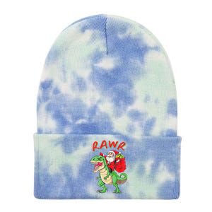 Rawr Santa Riding A Green Dinosoar Delivering Presents Meaningful Gift Tie Dye 12in Knit Beanie