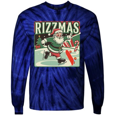 Retro Skibid.I Rizzmas Funny Santa Clause Skating Board Tie-Dye Long Sleeve Shirt