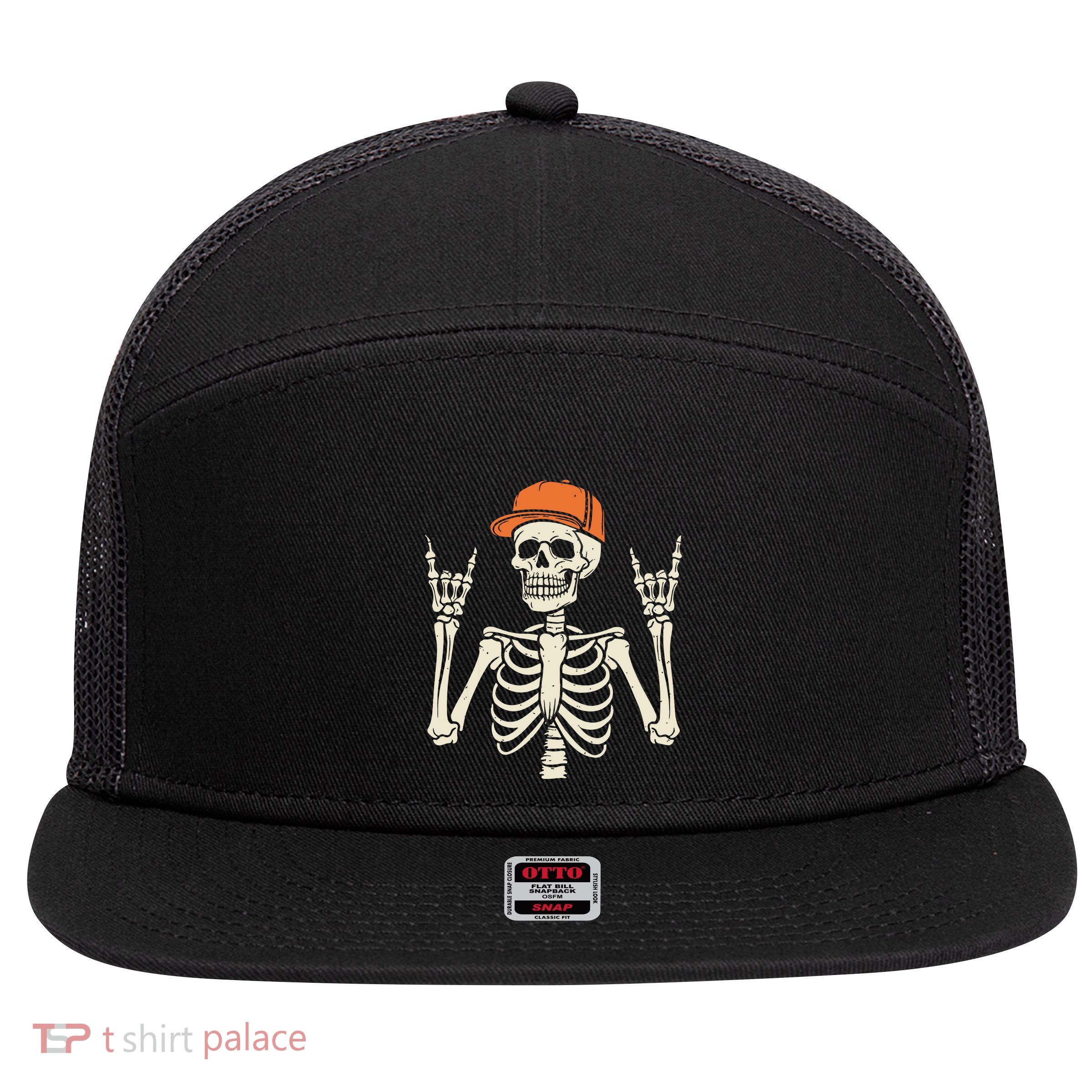 Rocker Skeleton Rock On Hand Halloween Skeleton 7 Panel Mesh Trucker Snapback Hat