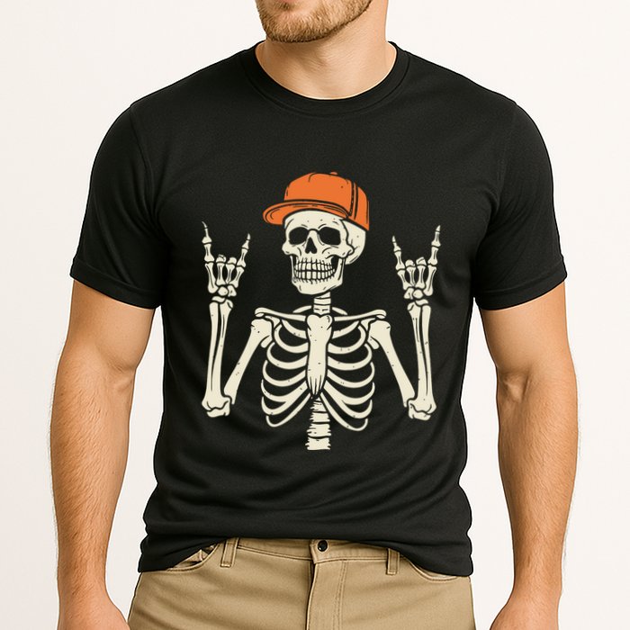 Rocker Skeleton Rock On Hand Halloween Skeleton Performance Shirt