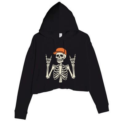 Rocker Skeleton Rock On Hand Halloween Skeleton Crop Fleece Hoodie