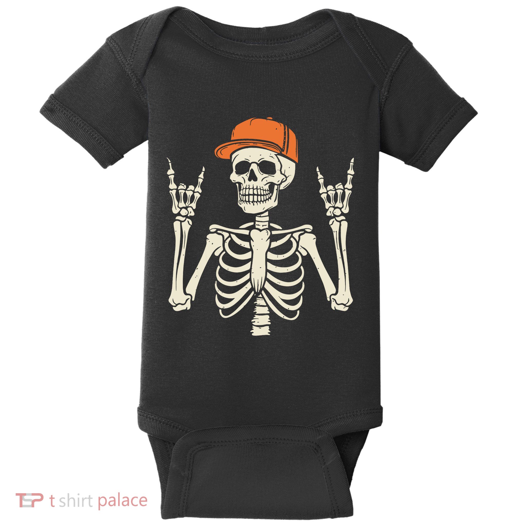 Rocker Skeleton Rock On Hand Halloween Skeleton Baby Bodysuit