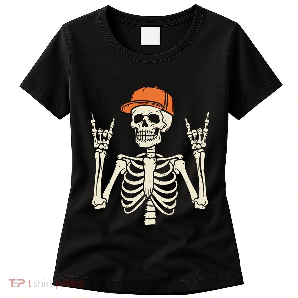Rocker Skeleton Rock On Hand Halloween Skeleton Womens T-Shirt
