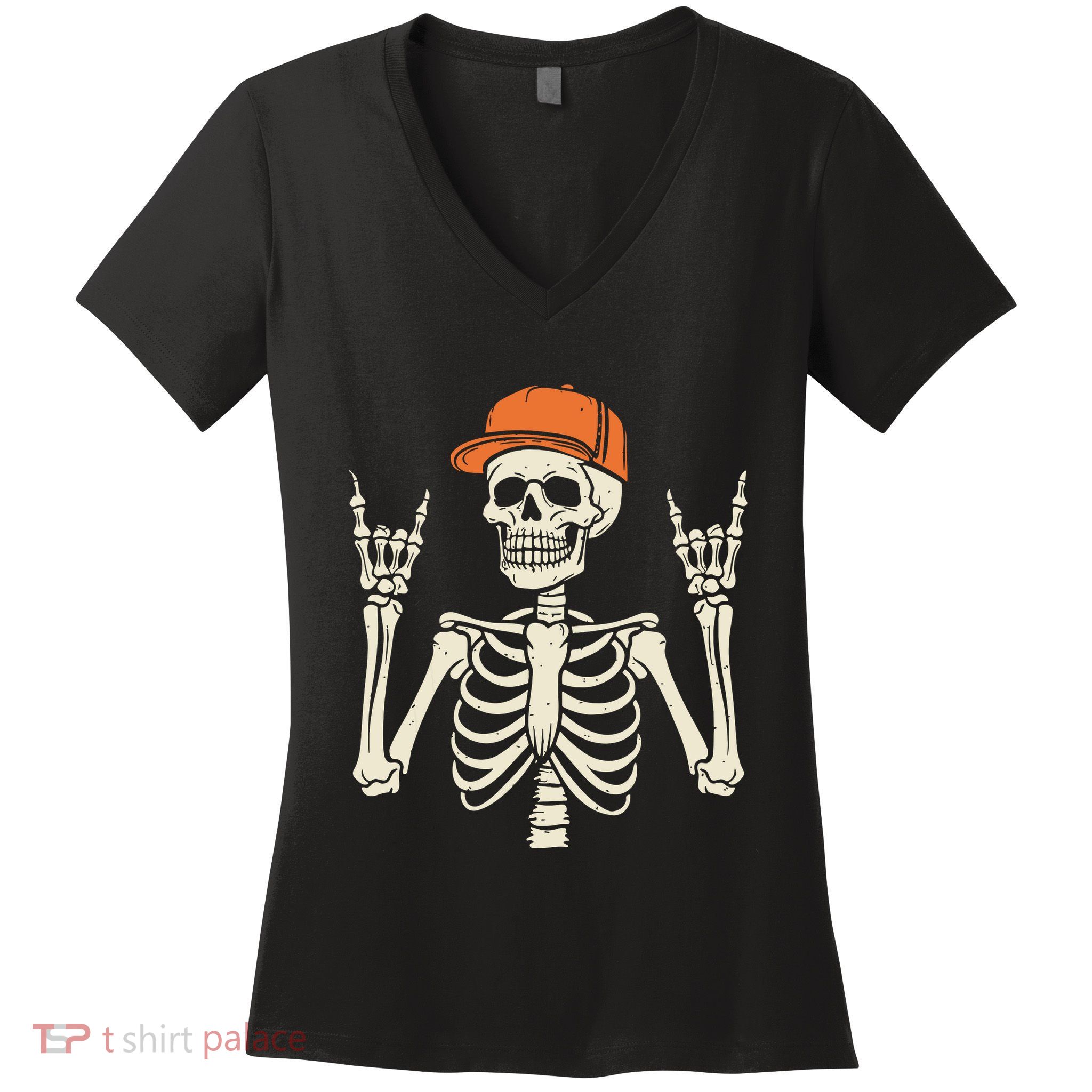 Rocker Skeleton Rock On Hand Halloween Skeleton Women's V-Neck T-Shirt