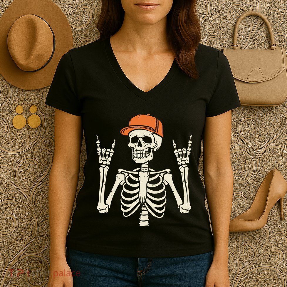 Rocker Skeleton Rock On Hand Halloween Skeleton Women's V-Neck T-Shirt