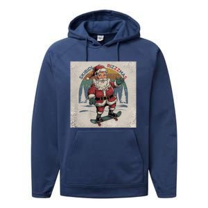 Retro Skibid.I Rizzmas Funny Santa Clause Skating Board Performance Fleece Hoodie