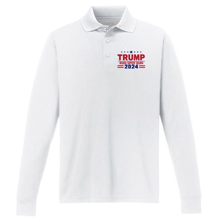 Run Spot Run Funny Donald Trump Debate Quote 2024 Kamala Performance Long Sleeve Polo