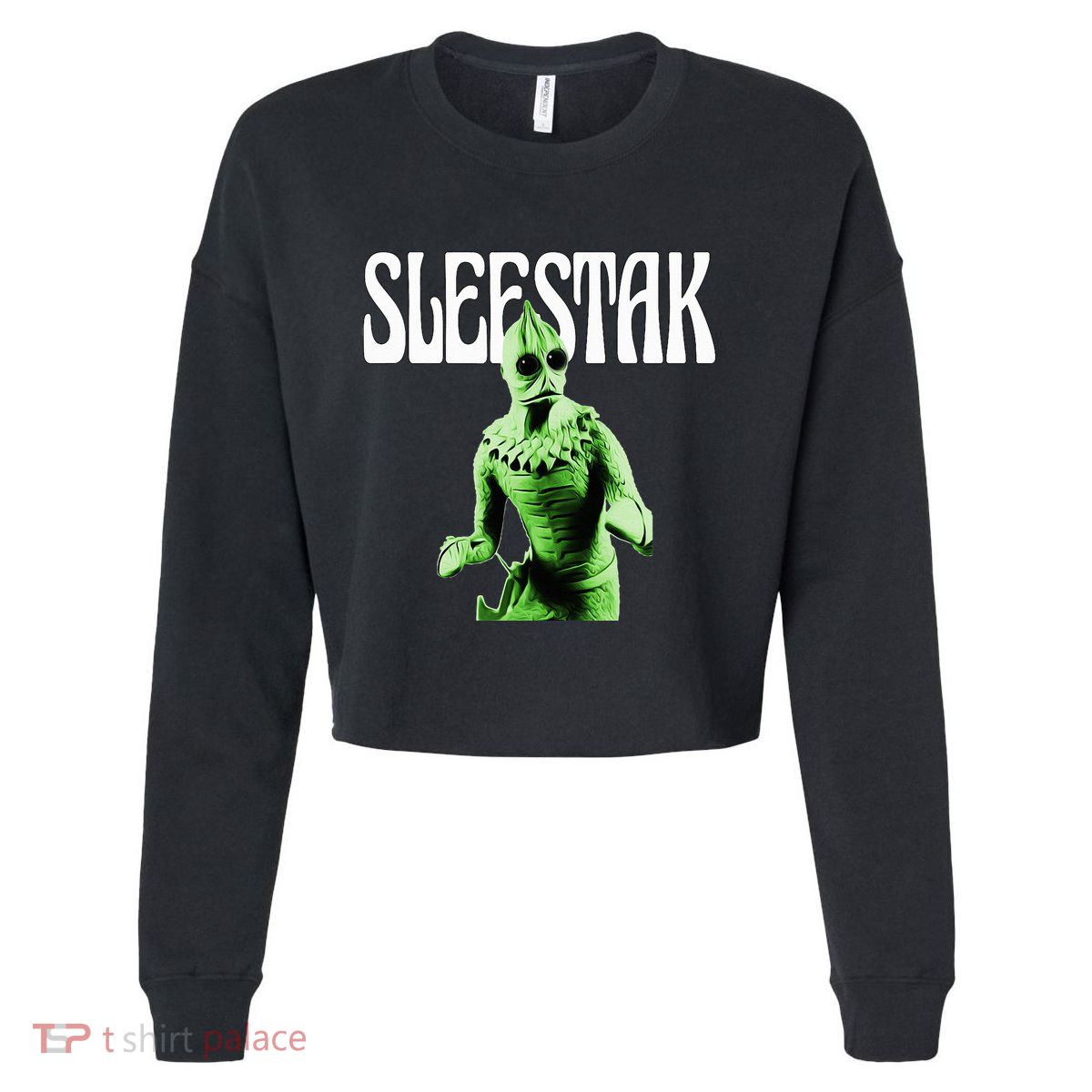 Retro Sleestak Reptilian Alien Graphic Cropped Pullover Crew