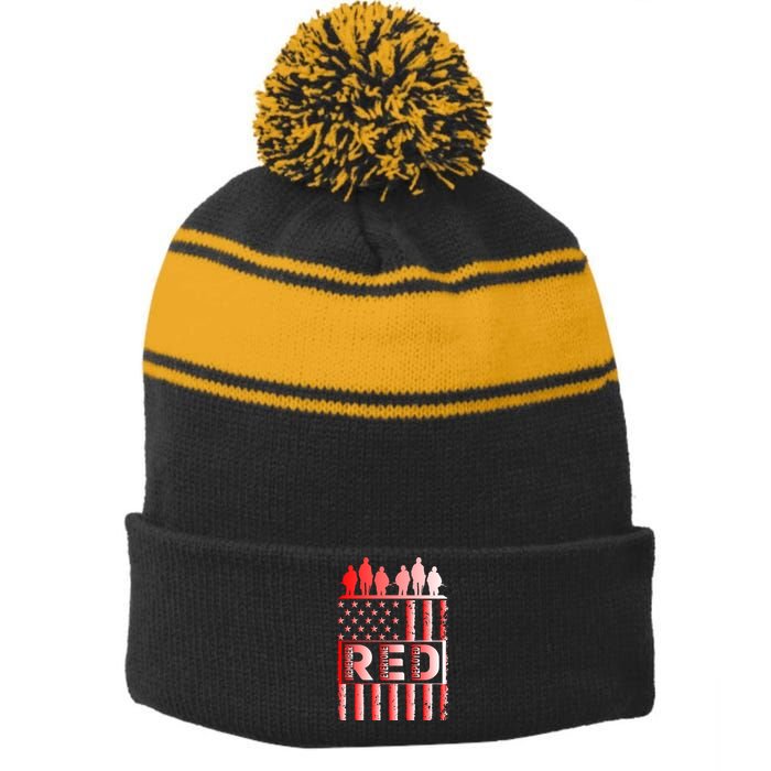 R.E.D. Soldiers Remember Everyone Deployed R.E.D. Friday Stripe Pom Pom Beanie