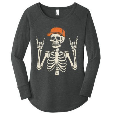 Rocker Skeleton Rock On Hand Halloween Skeleton Gift Women's Perfect Tri Tunic Long Sleeve Shirt