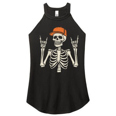 Rocker Skeleton Rock On Hand Halloween Skeleton Gift Women’s Perfect Tri Rocker Tank