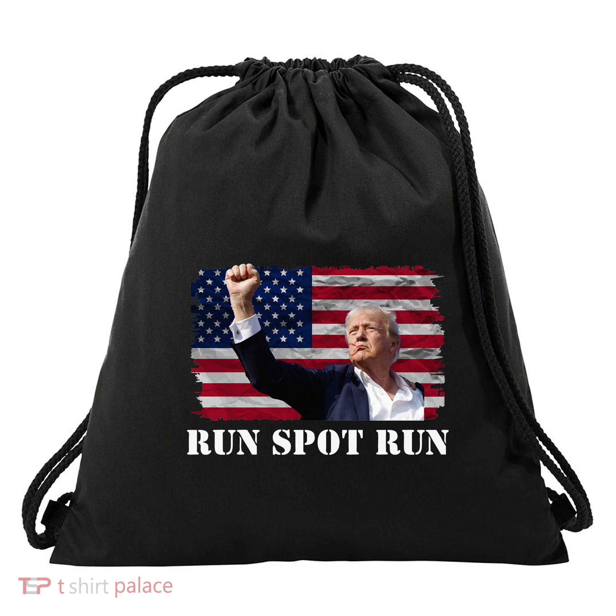 Run Spot Run. Trump And Harris Debate. Trump With Flag Drawstring Bag
