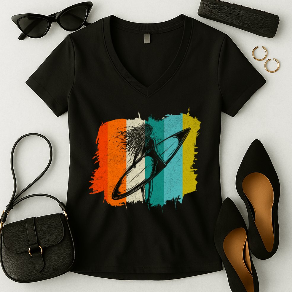 Retro Summer Surfing Gift For Girl Women's V-Neck T-Shirt