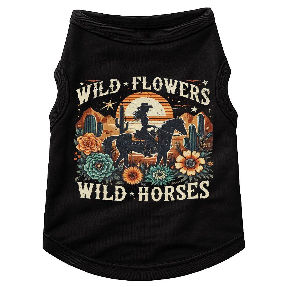 Retro Southern Sunset Cowgirl Wild Flowers Wild Horses Doggie Tank