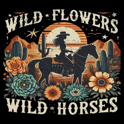 Retro Southern Sunset Cowgirl Wild Flowers Wild Horses T-Shirt