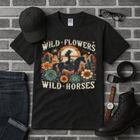 Retro Southern Sunset Cowgirl Wild Flowers Wild Horses Tall T-Shirt